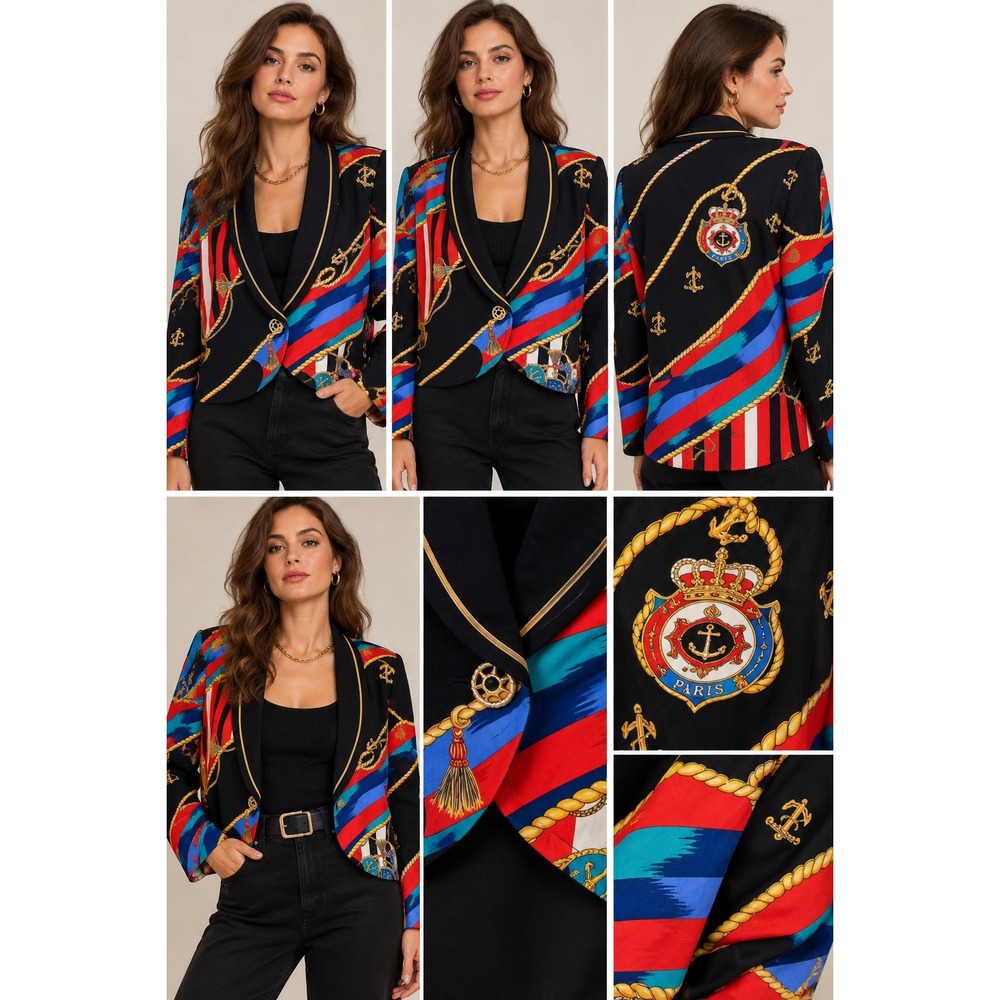 Vintage Carole Little Nautical Scarf Print Blazer Paris Anchor Rope Equestrian